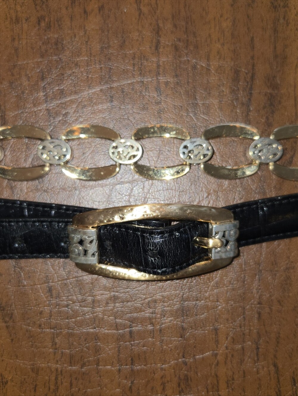 Brighton Belt Size Large 34 Two-Tone Gold Silver Chain Link Black Croc Leather